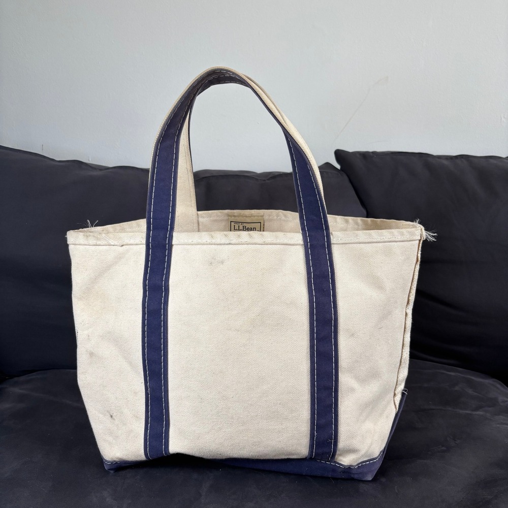 LL Bean Boat and Tote Bag Navy Blue Cream Canvas Made in USA Small Medium